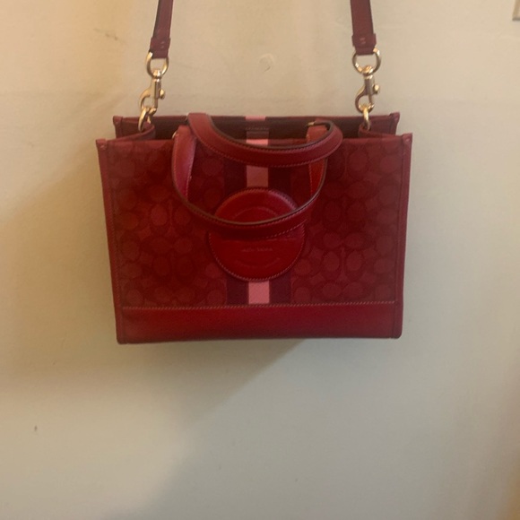 Coach New Dempsey Red and Pink Monogram Tote with Gold Hardware - Picture 8 of 13